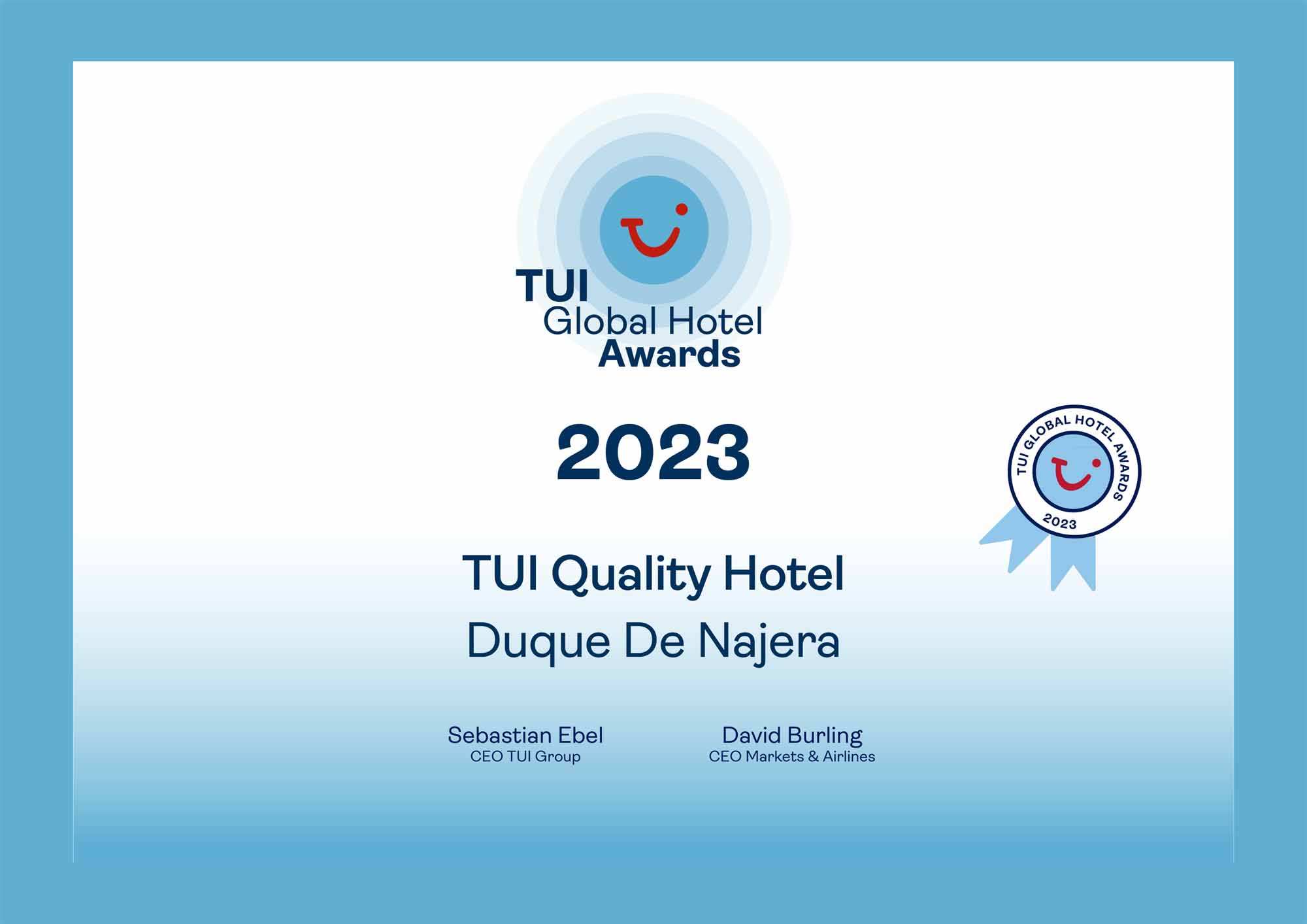Hotel Duque de Nájera awarded with the TUI Quality Award - HACE
